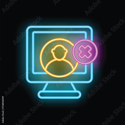 Glowing neon icon of a computer screen with a user account being deleted, representing online privacy and data security