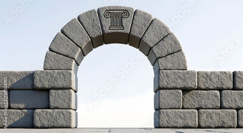Wide View of Classical Stone Archway with Column Symbol Against Clear Sky