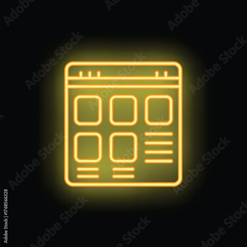 Yellow neon glowing symbol of website interface layout with menu, buttons and text fields