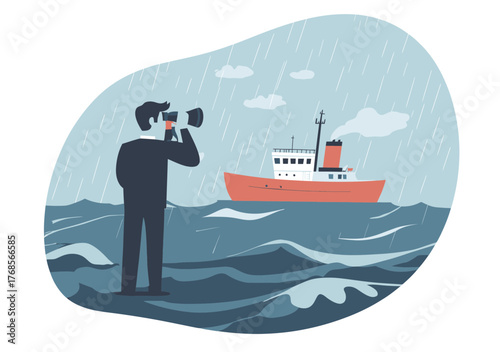 Businessman standing in stormy ocean looking through binoculars at cargo ship navigating rough waters under rain clouds vector illustration