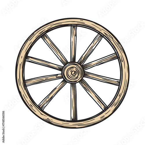 Hand drawn wooden wagon wheel with eight spokes vintage rustic cart or carriage wheel sketch isolated on white background vector illustration