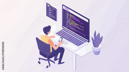 Isometric illustration of programmer writing code on laptop at desk with smartphone and potted plant in minimalist workspace environment
