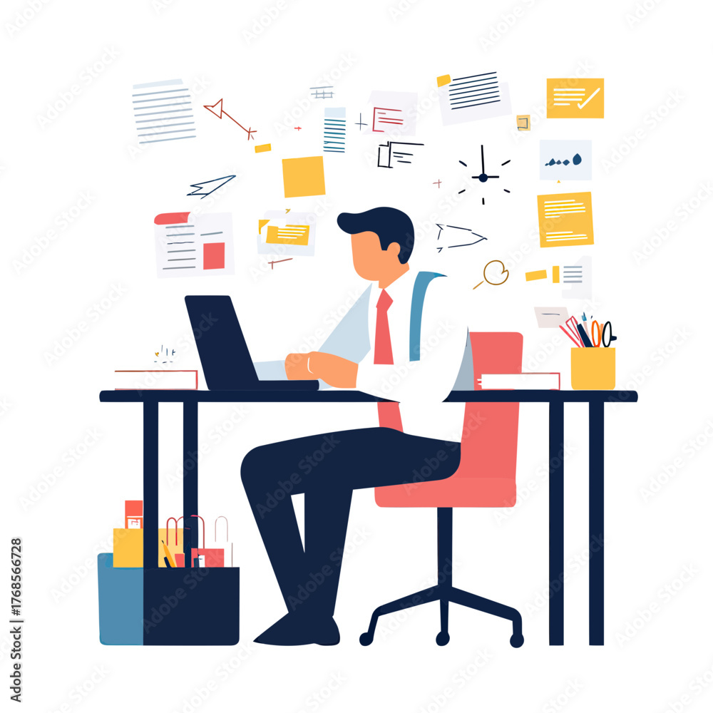 Fototapeta premium Busy businessman working at desk with laptop surrounded by documents notes clock office supplies minimalist vector illustration