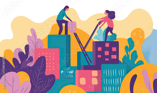 Creative teamwork collaboration with two people building block structures on colorful abstract cityscape in modern flat vector illustration style