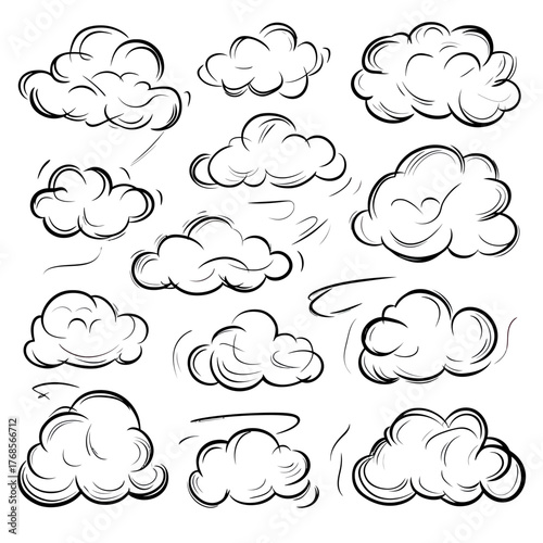 Hand drawn various cloud shapes set simple black ink outline doodle sketch style vector illustration collection of fluffy natural sky elements minimalist design