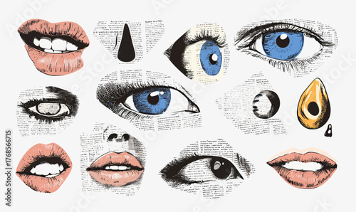 Collage of blue eyes, lips, nose, and mouth shapes with vintage newspaper texture and hand-drawn halftone details in minimalist vector style