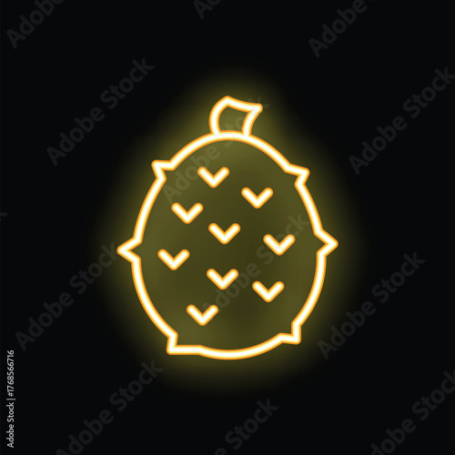 Yellow neon sign of a durian fruit glowing on a black background