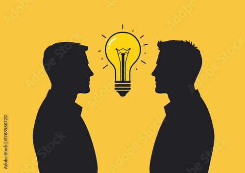Two silhouetted men facing each other with illuminated light bulb symbolizing idea, creativity, brainstorming, innovation concept on yellow background minimalist vector