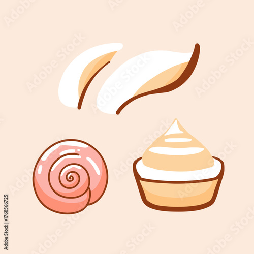 Flat minimalist vector illustration of snail shell, two snail cream swirls, and whipped cream dollop on beige background for beauty skincare concept