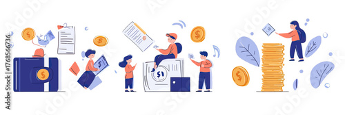 Flat vector illustration of diverse people interacting with oversized wallet, smartphone, coins, money, documents, and stacks of gold coins symbolizing financial management and investment concepts