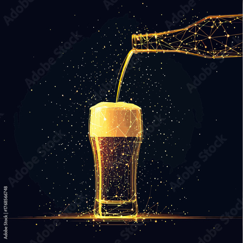 Low poly vector illustration of beer bottle pouring dark beer with foam into glass composed of polygonal lines and dots on black background