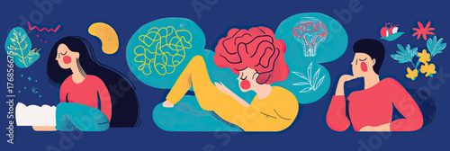 Three diverse people engaging in mental relaxation, creative thinking, and self reflection with abstract thought bubbles and nature elements in colorful flat vector style