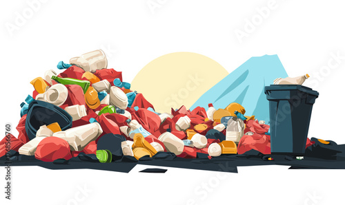 Large pile of colorful plastic garbage and waste bags next to overflowing black trash bin on white background with blue tarp and yellow sun flat vector illustration