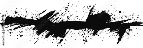 Black ink brush stroke grunge splash with scattered splatters isolated on white background for artistic design and abstract textured art element in vector style