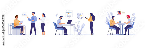 Business people working collaboratively in modern office environment with digital communication devices and teamwork discussions flat vector illustration