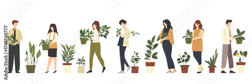 Diverse business people holding and tending potted plants in sustainable office environment flat minimalist vector illustration