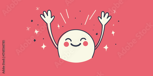 Happy smiling face cartoon character with raised arms and sparkling stars celebration emotion icon illustration on pink background vector flat design