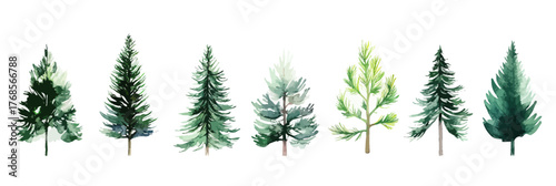 Watercolor pine tree set with various shapes and shades of green evergreen forest illustrations in minimalist flat vector style on white background