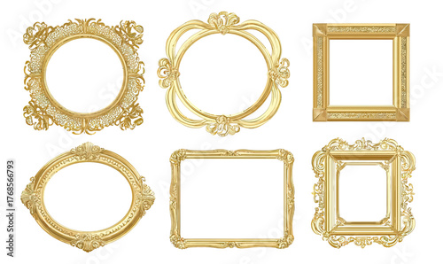 Set of six ornate golden vintage frames with elegant decorative patterns in various oval and rectangular shapes on white background vector illustration