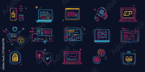 Set of colorful hand drawn software development icons including laptop code editor, data analysis, secure login, password protection, and digital communication symbols on dark background