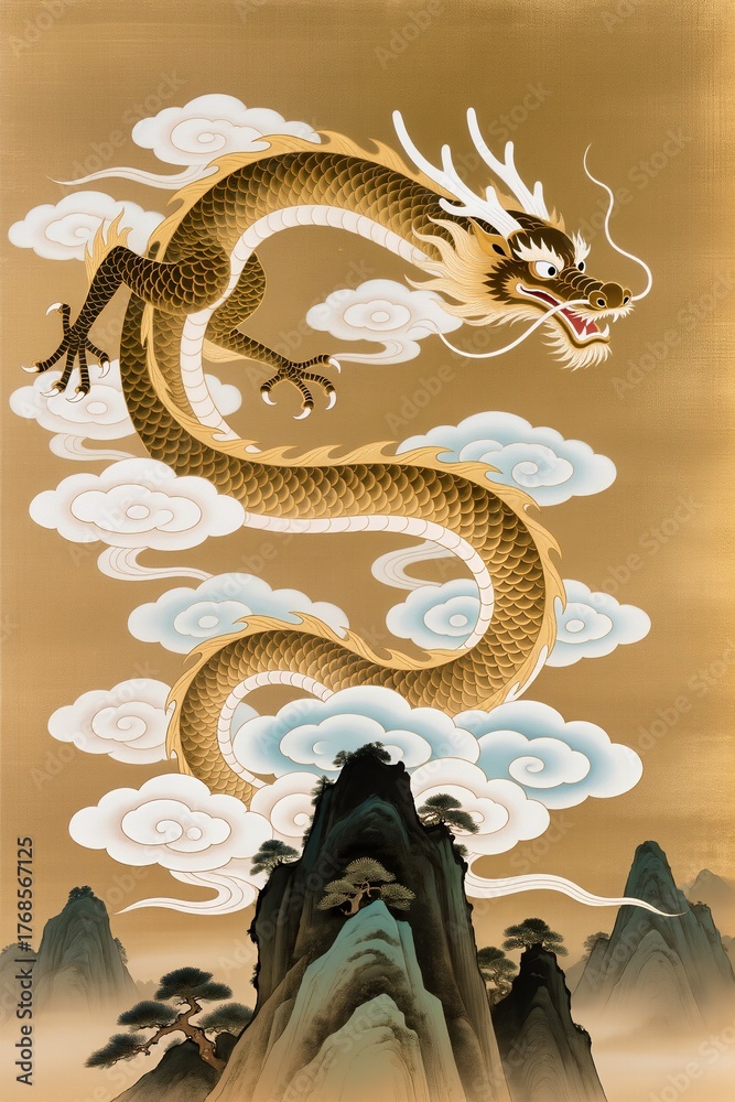 Fototapeta premium Gongbi-style painting depicting a highly detailed celestial dragon with golden scales and silver whiskers spiraling through clouds above a mountain peak