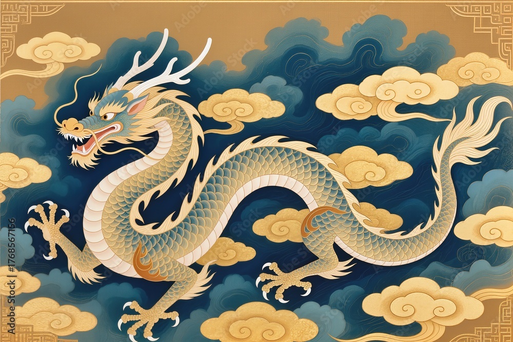 Obraz premium Gongbi-style painting depicting a highly detailed celestial dragon with golden scales and silver whiskers spiraling through clouds above a mountain peak