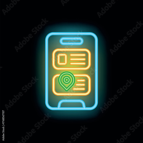 Neon glowing smartphone displaying geolocation and tracking app on dark background