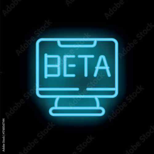 Neon blue beta software sign on computer screen glowing in dark background, representing testing phase of technological advancement