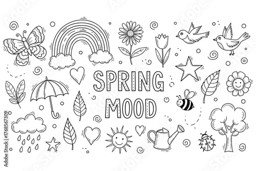 Spring mood doodles: flowers, birds, and nature elements in black and white