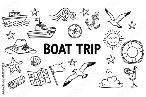 Nautical adventure doodles: boats, anchor, compass, sea waves, seagulls, summer vibes