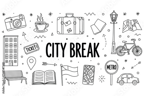 City break adventure icons: travel, sightseeing, metro, bicycle, suitcase, camera, map