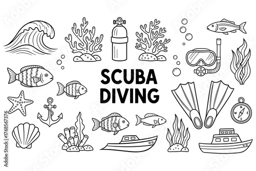 Black and white scuba diving elements: fish, corals, gear, and boats