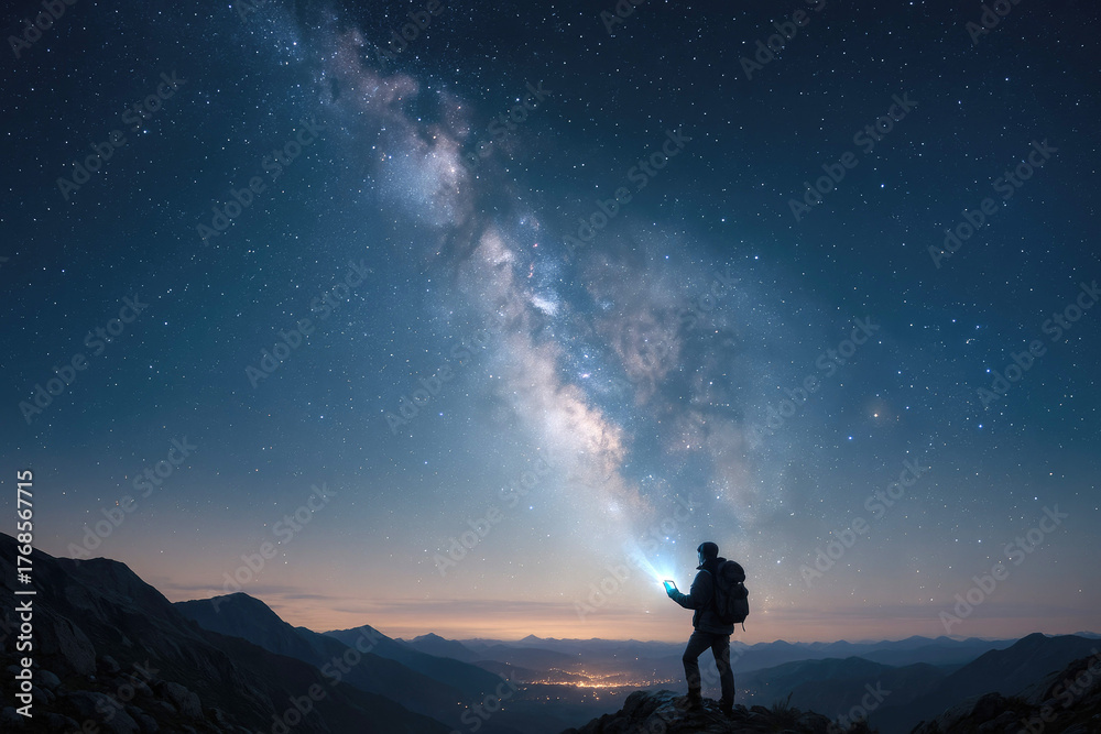 Obraz premium Person with backpack holding a bright tablet under the Milky Way galaxy in a mountain landscape silhouette