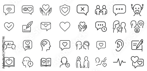 AI emotional dialogue line icon set. Vector pictograms of empathy, conversation, therapy, feedback, support chat, and human interaction illustration