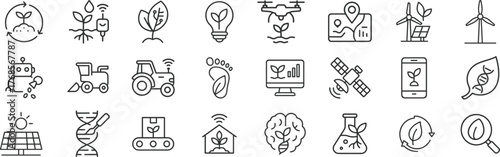 Agriculture technology line icon set. Vector pictograms of smart farming, drone, robot, tractor, chip, sensor, irrigation, and biotech illustration