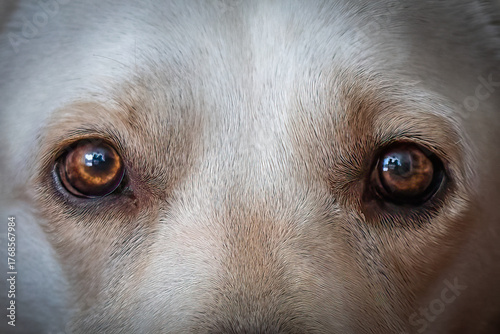 Dramatic Extreme Closeup of Yellow Labrador Dog's Intense Reflective Brown Eyes