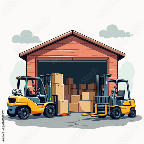 Two forklifts moving cardboard boxes in front of a warehouse building
