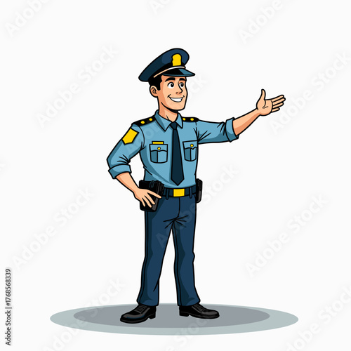 Cartoon police officer welcoming with outstretched hand in uniform  
