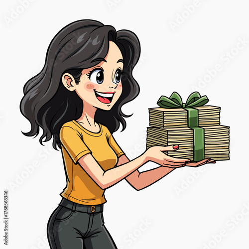 Young woman smiling while holding stack of money with green ribbon  