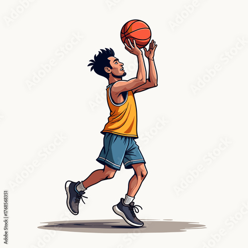 Young man shooting basketball while wearing sportswear indoors  