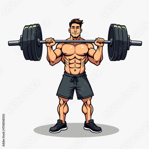 Athletic man lifting heavy barbell and showing muscular physique  