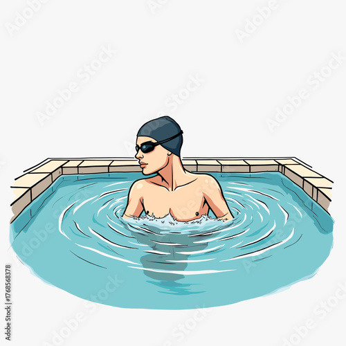 Female swimmer in pool wearing cap and goggles, focused on training  