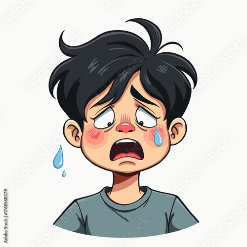 Miserable and crying young person with tears on face on a light background