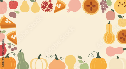 Assorted fruits and vegetables border frame.
