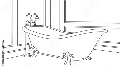Elegant clawfoot bathtub outline drawing for interior design mockups or bathroom remodel concepts, creating a luxurious and sophisticated feel for your project