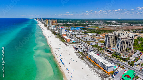 Aerial landscape of white sand beach resort on summer day in Panama City Beach Florida panhandle