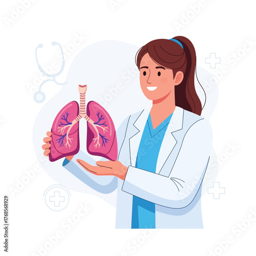 Female doctor in a white coat holding a model of the human respiratory system with lungs and trachea.