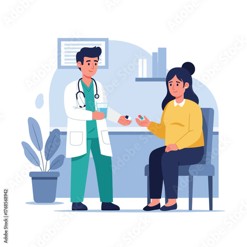 A caring male doctor in a white lab coat gives prescription medicine to a female patient sitting in a chair at the clinic.