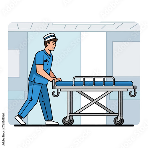 Male nurse in blue scrubs pushing an empty hospital gurney down a corridor, a vector illustration.