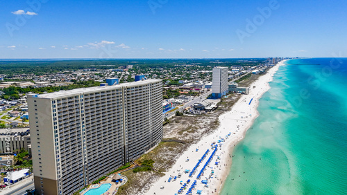 Aerial landscape of white sand beach resort on summer day in Panama City Beach Florida panhandle